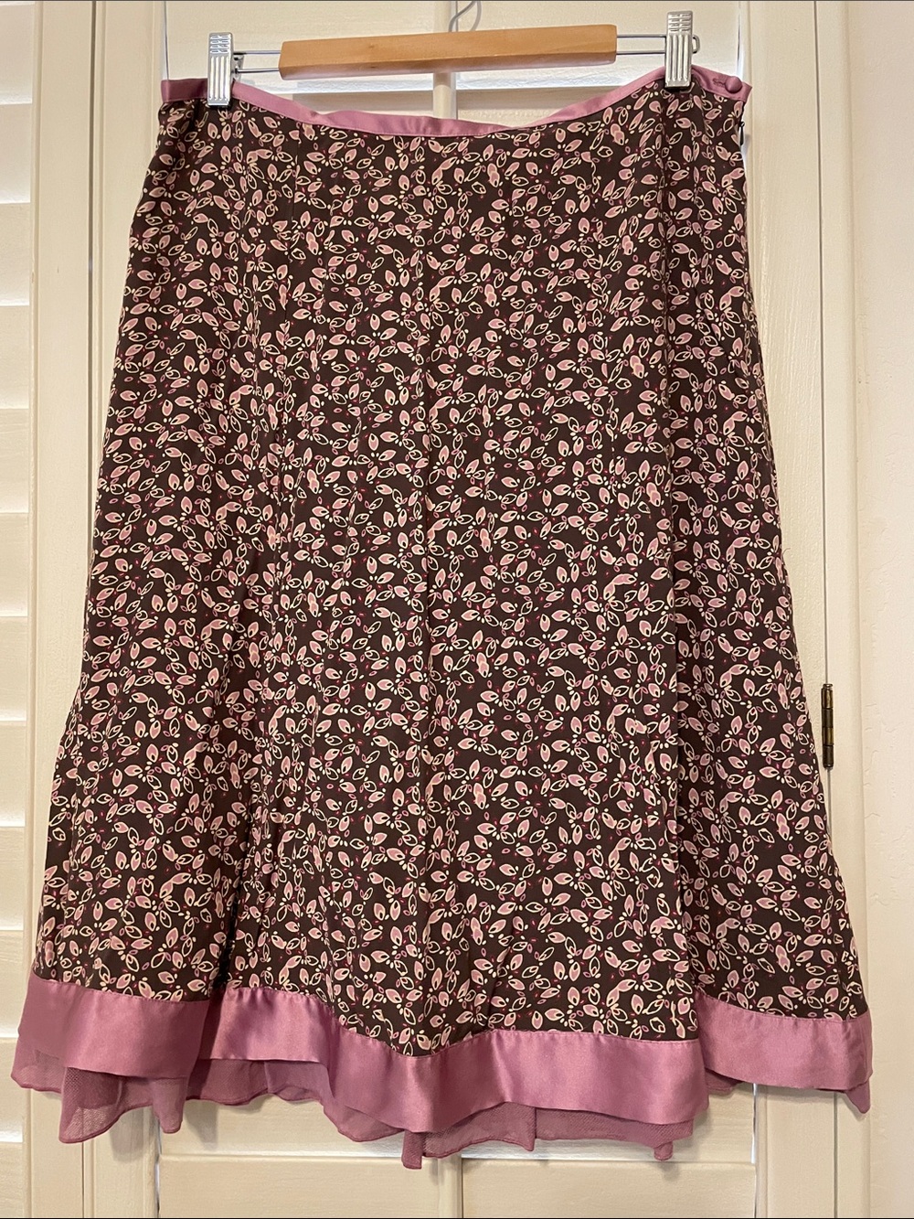 J. Jill Brown A-Line Skirt with Pink Floral Print and Pink Hem